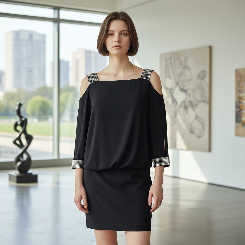 Betsy & Adam Black Rhinestone Cold Shoulder Dress Sz 10 Dolman Sleeve Mini Bat